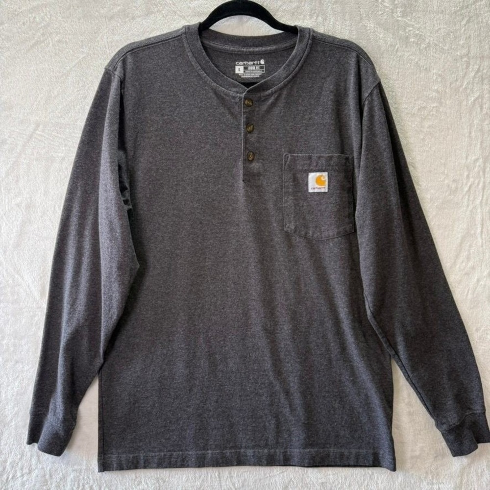Carhartt Henley Long Sleeve Pocket Shirt Mens S Gray Loose Fit Cotton TK0128